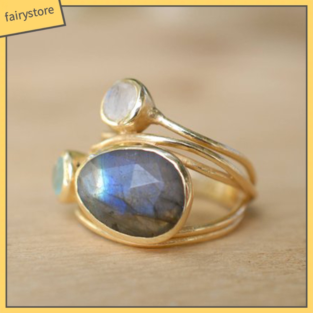 Nhẫn Đính Đá Mặt Trăng Nhân Tạo Nhiều Lớp Phong Cách Cổ Điển