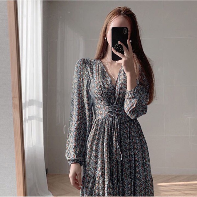 Đầm maxi cổ V tay dài hoa bao đẹp vải đẹp size M L XL