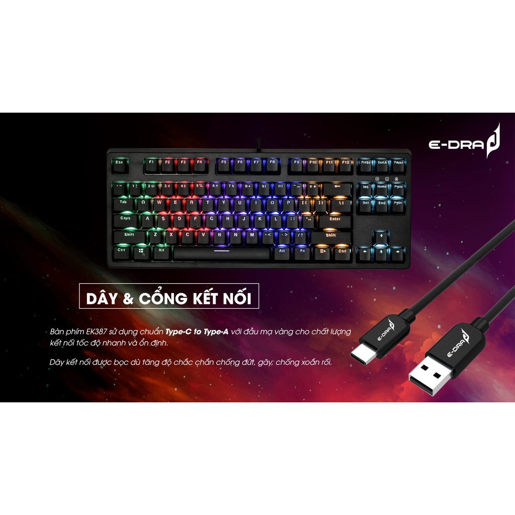 Bàn phím cơ E-DRA EK387L Rainbow Huano Switch - Hàng chính hãng