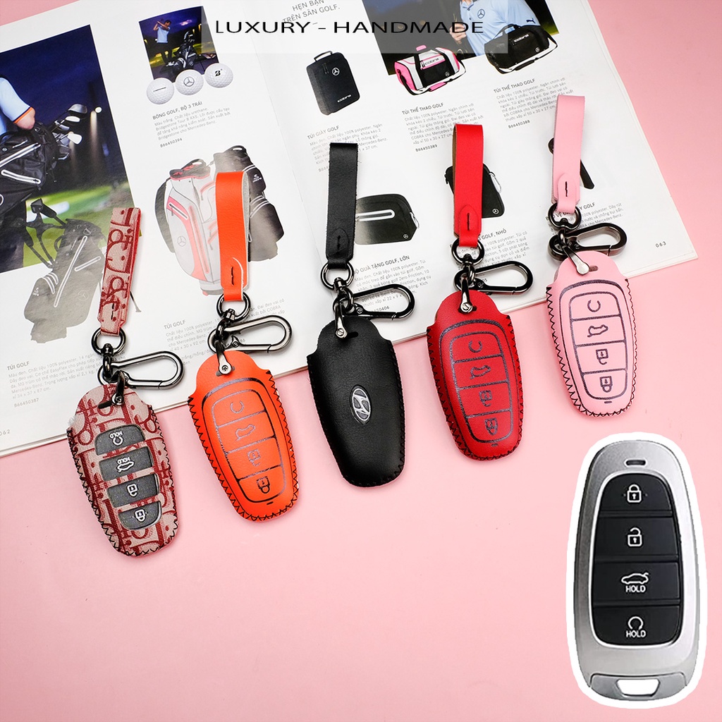 Bao Da Chìa Khóa Smartkey Ô Tô Hyundai Santa Cruz Santafe Tucson 2021 2022 mẫu mới khâu tay có dây tay cầm