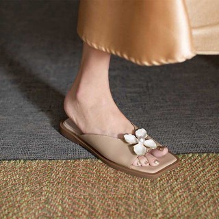 Dép nữ đế bằng quai ngang bản rộng hoa mai đính ngọc hàng quảng châu cao cấp DNQC-MINHTUYETSHOES