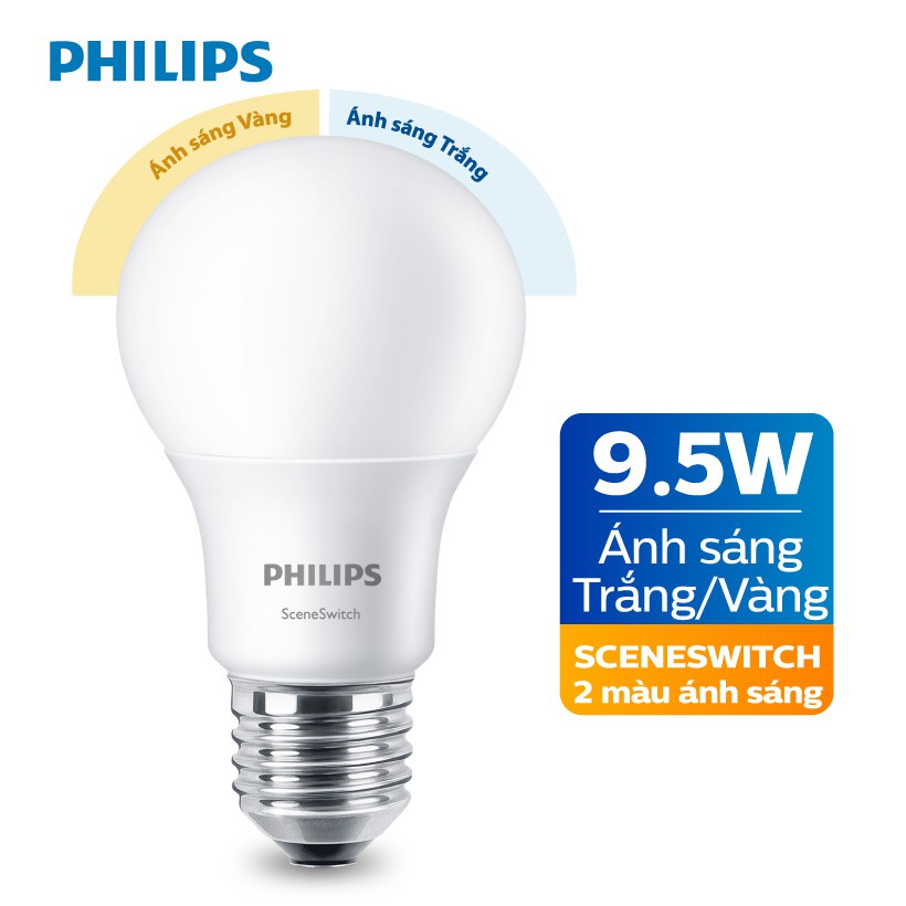 [Mã LT50 giảm 50k đơn 250k] Bóng đèn Philips LED Scene Switch đổi màu ánh sáng 9.5W 3000K/6500K E27 (Trắng / Vàng)