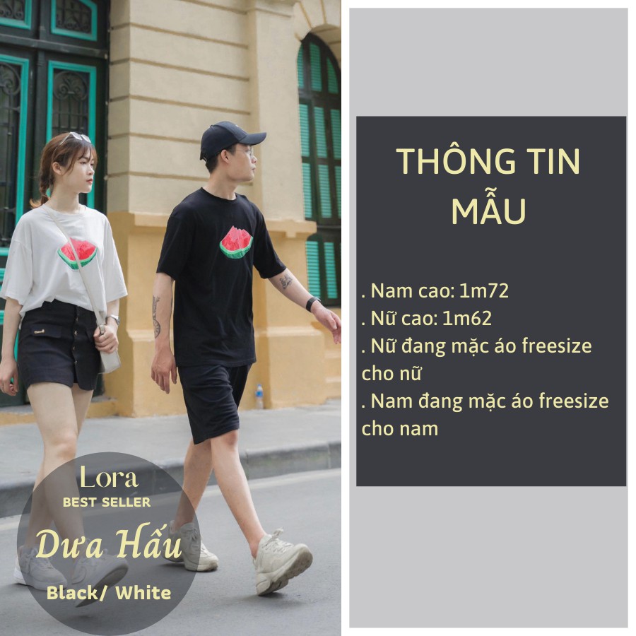 Áo Thun Cổ Tròn Tay Lỡ Form Rộng Màu Đen Trắng Họa Tiết Dưa Hấu Cho Nam Nữ Unisex Thương Hiệu Lora