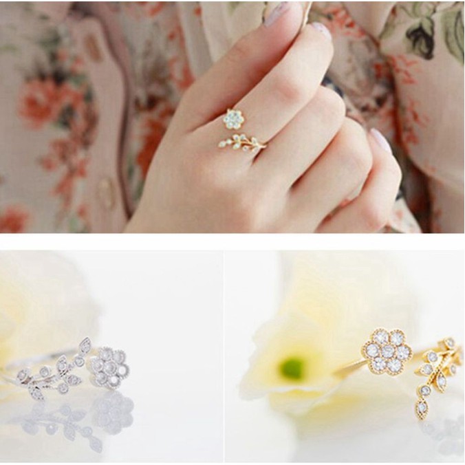 Nhẫn Đeo Tay Hở, Chất Liệu Kim Loại Không Gỉ, Không Ngứa, Thiết Kế Hình Hoa Lá Đính Đá Sang Trọng