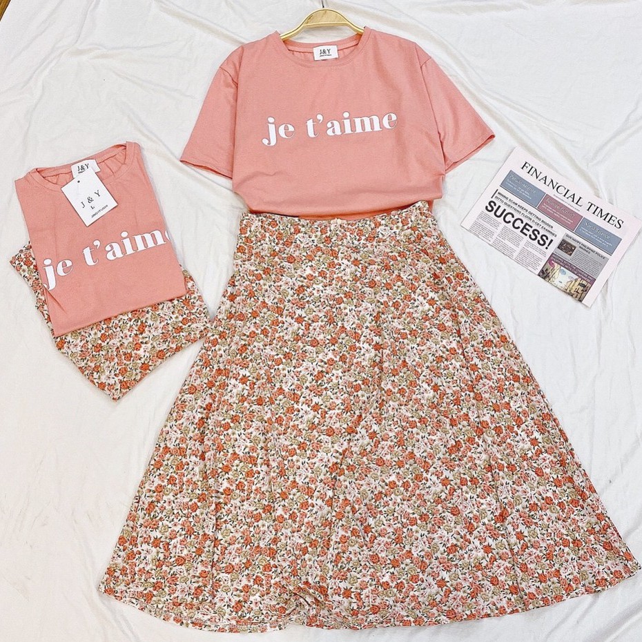 (set trang phục) ÁO THUN HỒNG TAY LỠ + CHÂN VÁY HOA NHÍ DÁNG DÀI - CHÂN VÁY MIDI ULZZANG + ÁO THUN FORM RỘNG