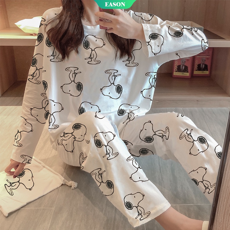 Bộ Đồ Ngủ Tay Dài In Họa Tiết Snoopy Phong Cách Nhật Bản Dễ Thương Cho Nữ