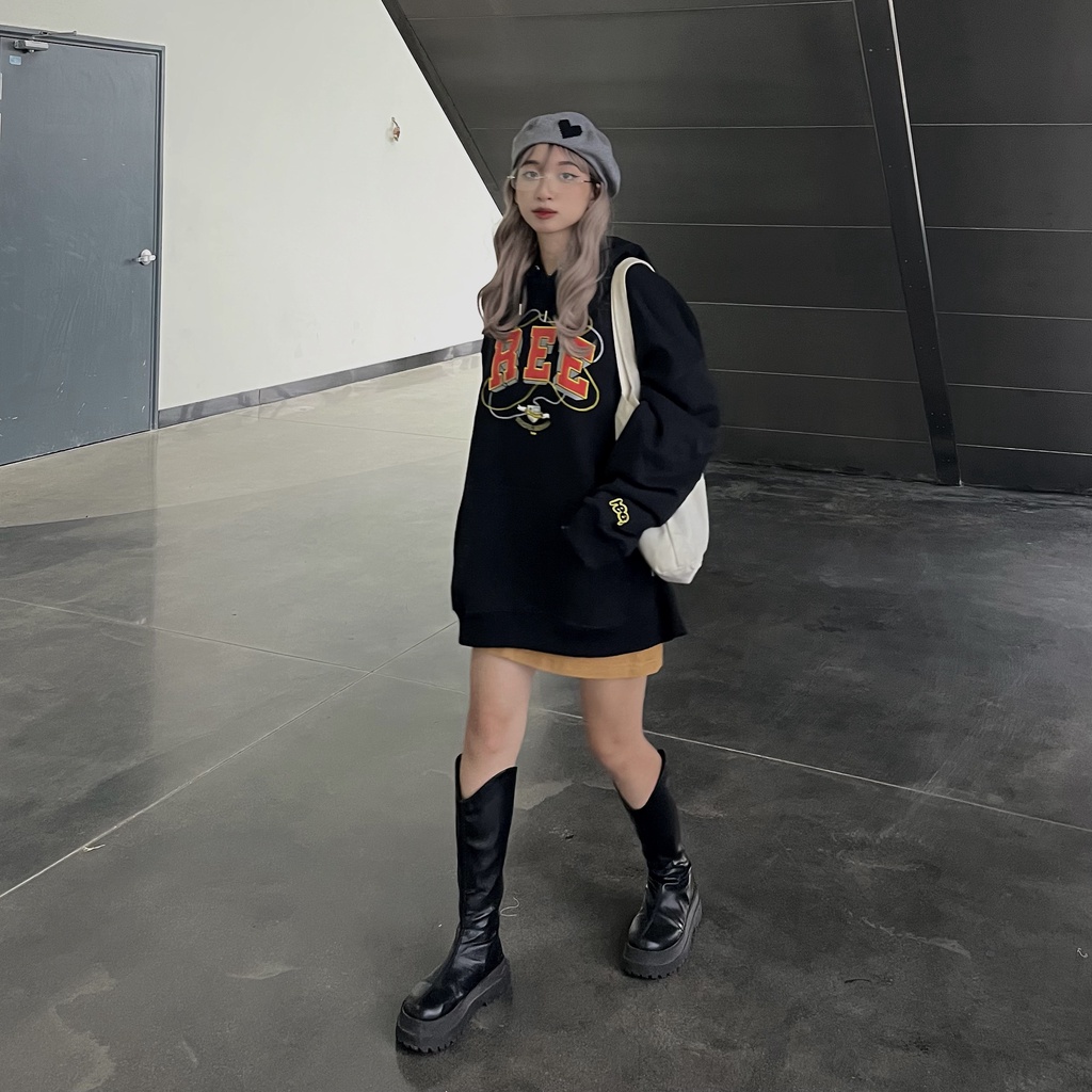 LOCAL BRAND REE - ÁO HOODIE BASIC THÊU DA MÀU ĐEN