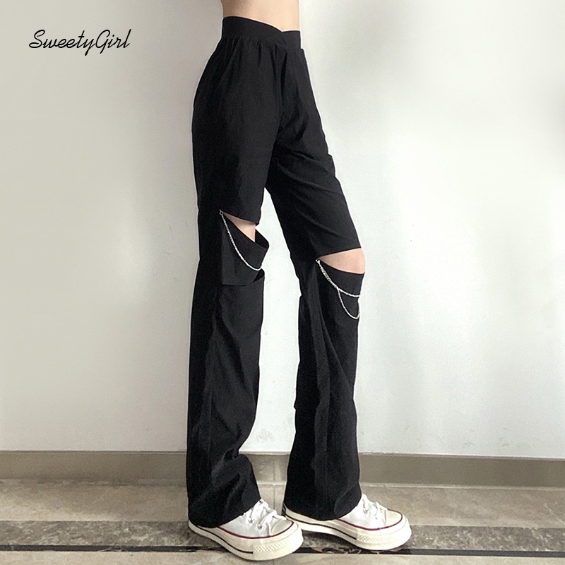 Quần Dài Lưng Cao Ống Đứng Màu Trơn Phối Dây Xích Thời Trang Cho Nữ