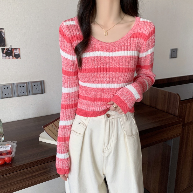 ZHELIHANGFEI Áo Len Tay Dài Form Ôm Họa Tiết Sọc Dễ Phối Đồ