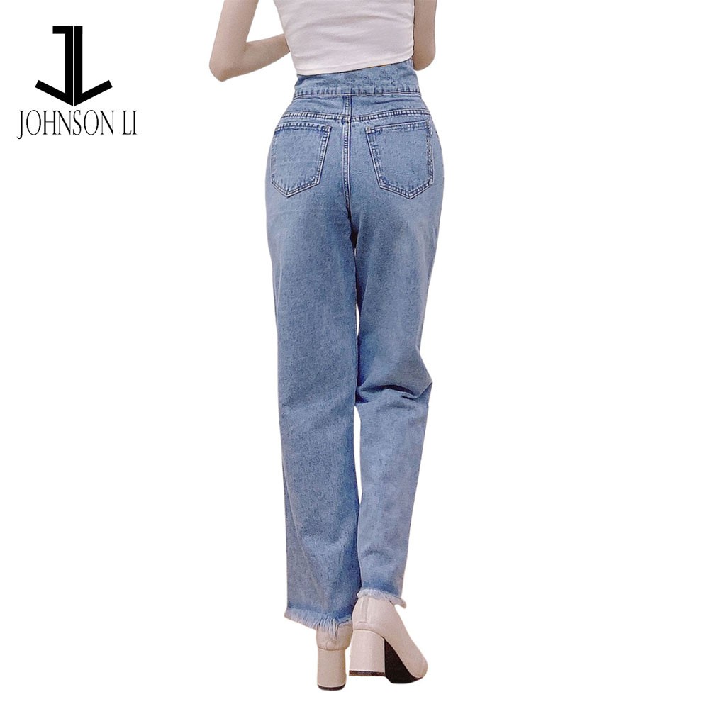 Quần baggy jean nữ lưng cao, cắt rách màu xanh jean LB597 JL JohnsonLi