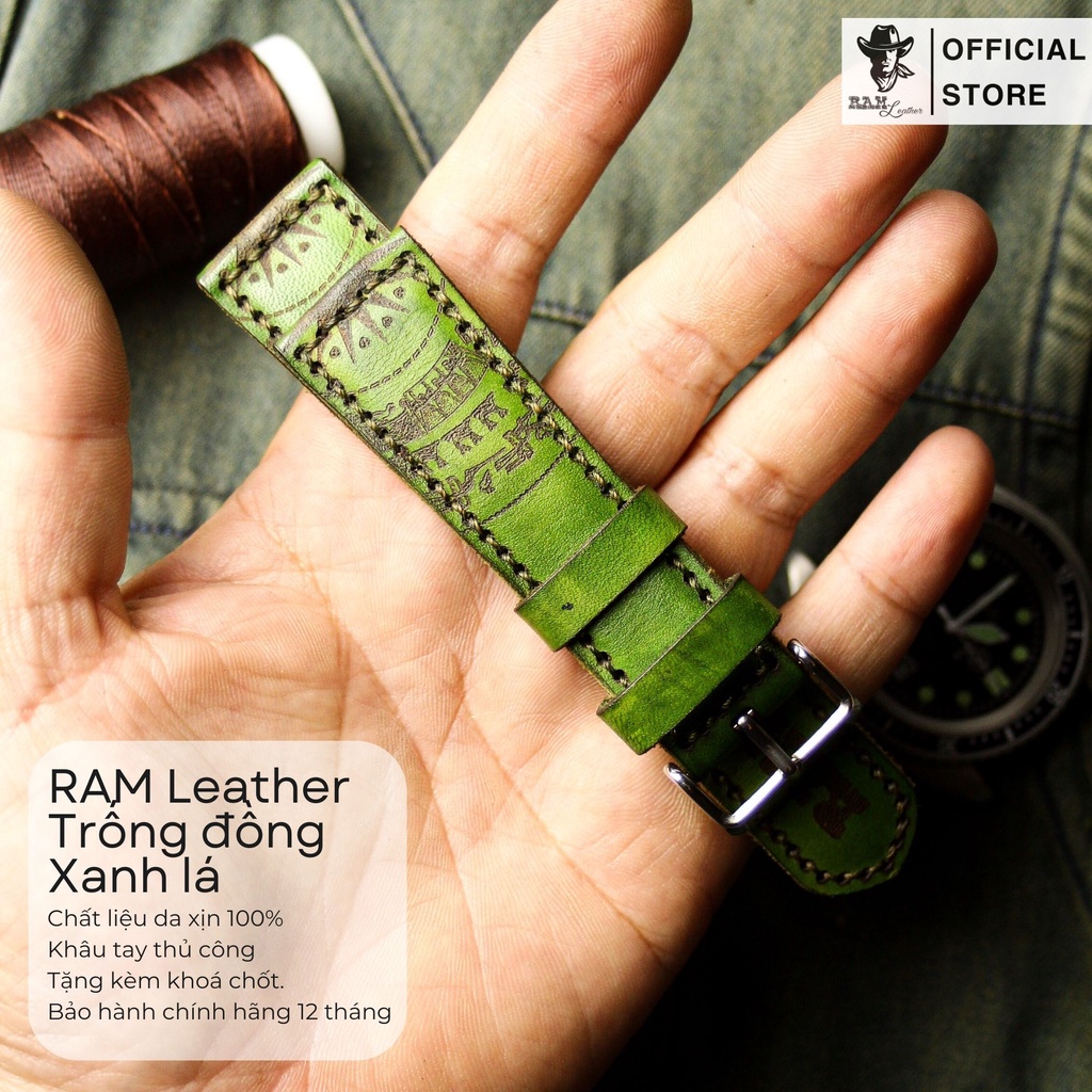 Dây Đồng Hồ Trống Đồng Da Bò Thật Rất Đẹp Green Xanh Lá Cho Casio Ae 1200 / 1300 / 1100 / 1000 / Seiko / Orient