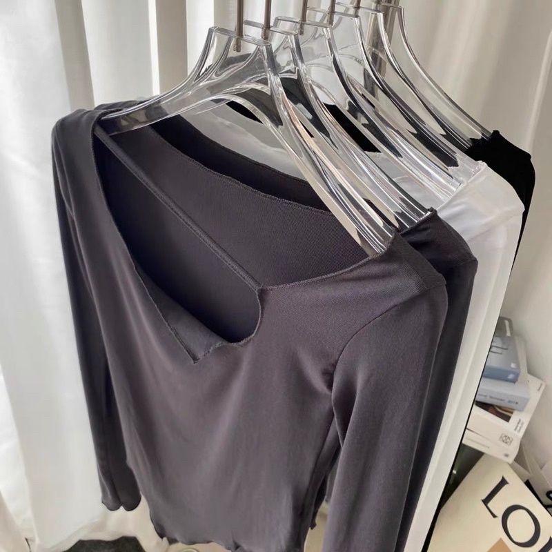 Áo thun tay dài croptop tà chéo khoét ngực kèm feedback thật