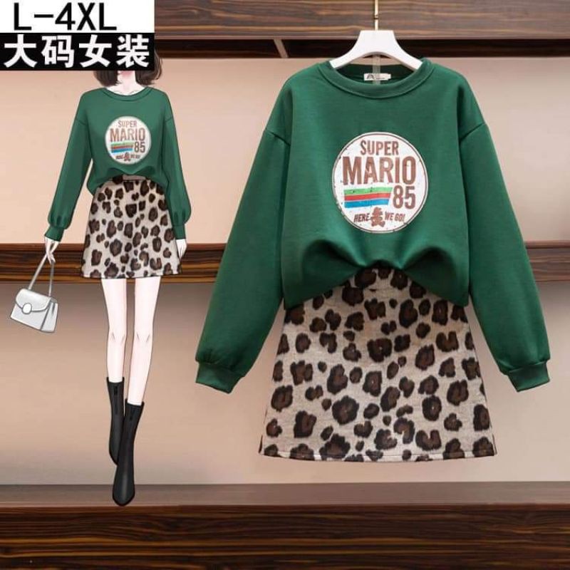 (có size) Set áo váy áo nỉ bông xanh dài tay mix chân váy nhung da báo kèm quần trong BCi