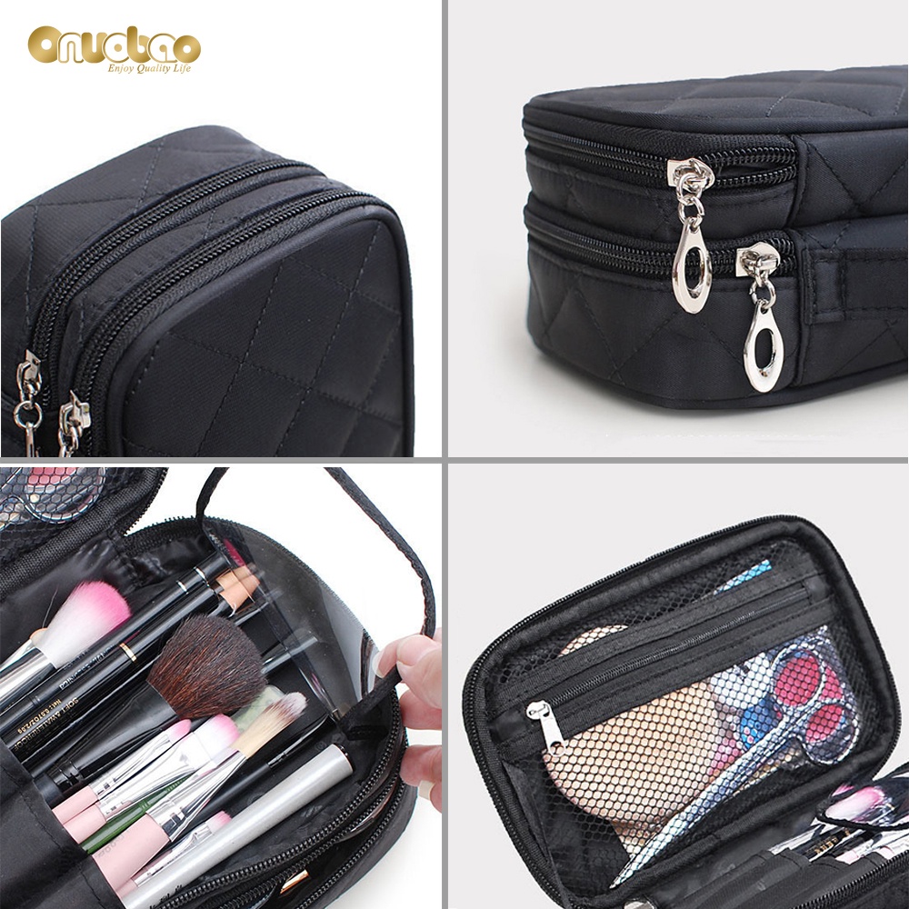 Túi đựng mỹ phẩm Onuobao họa tiết hình thoi bằng nylon hai lớp có gương