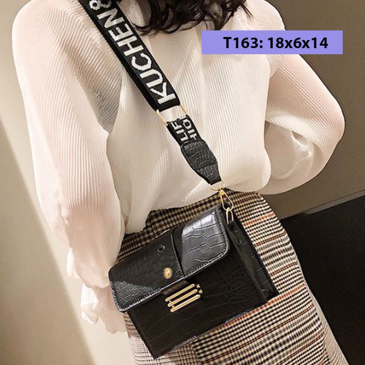 Túi xách tay đeo chéo nữ da sần dây đeo bản to cá tính phong cách vintage