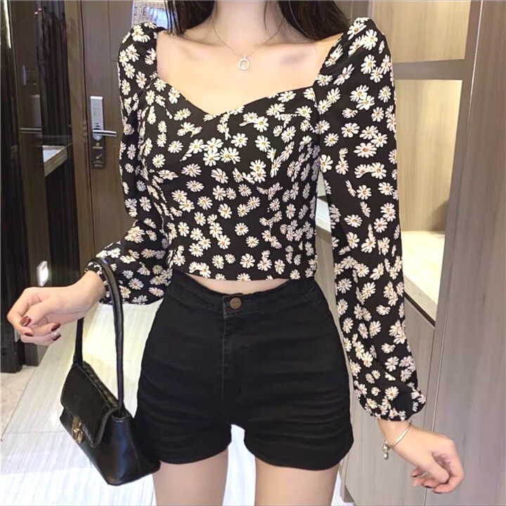 Áo Voan Kiểu Croptop Nữ Bông Cúc Thời Trang Vải Mềm Mát