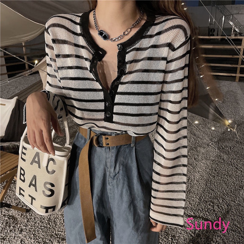 Áo Sơ Mi Tay Dài Họa Tiết Sọc Trắng Đen Thời Trang Cho Nữ