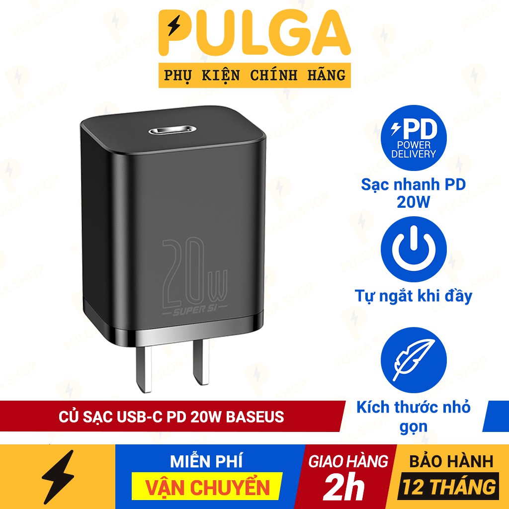 Củ Sạc Nhanh Baseus 20W Cổng USB Type C Hỗ Trợ QC3.0 PD3.0 Cho IP 12 / 11 / Xs Max / 8 Plus Và Smartphone Android