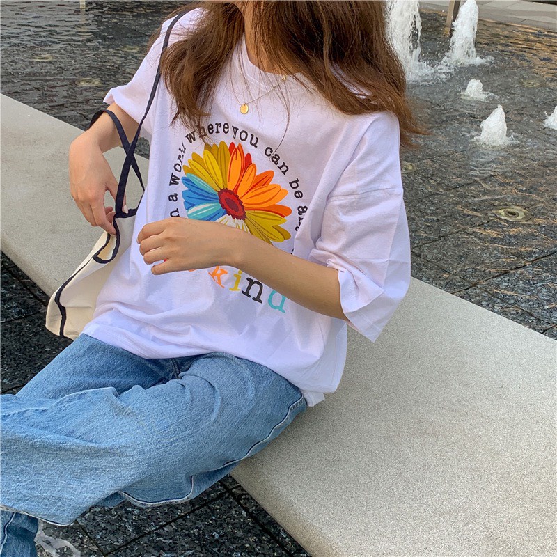 Áo Thun Hoa BeKind Áo Thun Tay Lỡ Form Rộng Unisex 38-65kg Nam Nữ Phong Cách Ullzang