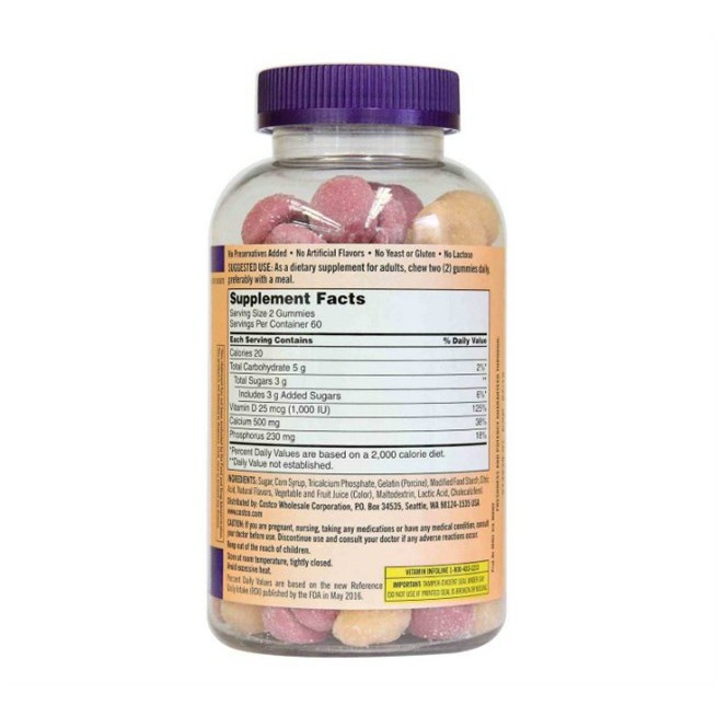 Kẹo dẻo Canxi Kirkland Signature Adult Gummies Calcium 500mg D3 – 120 viên