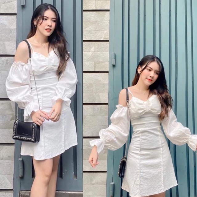 Đầm xoè trễ vai nơ ngực