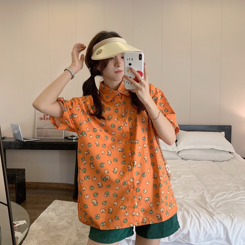SUXI Áo Sơ Mi Tay Ngắn Dáng Rộng In Họa Tiết Trái Bí Ngô Dễ Thương Thời Trang Mùa Hè Cho Nữ