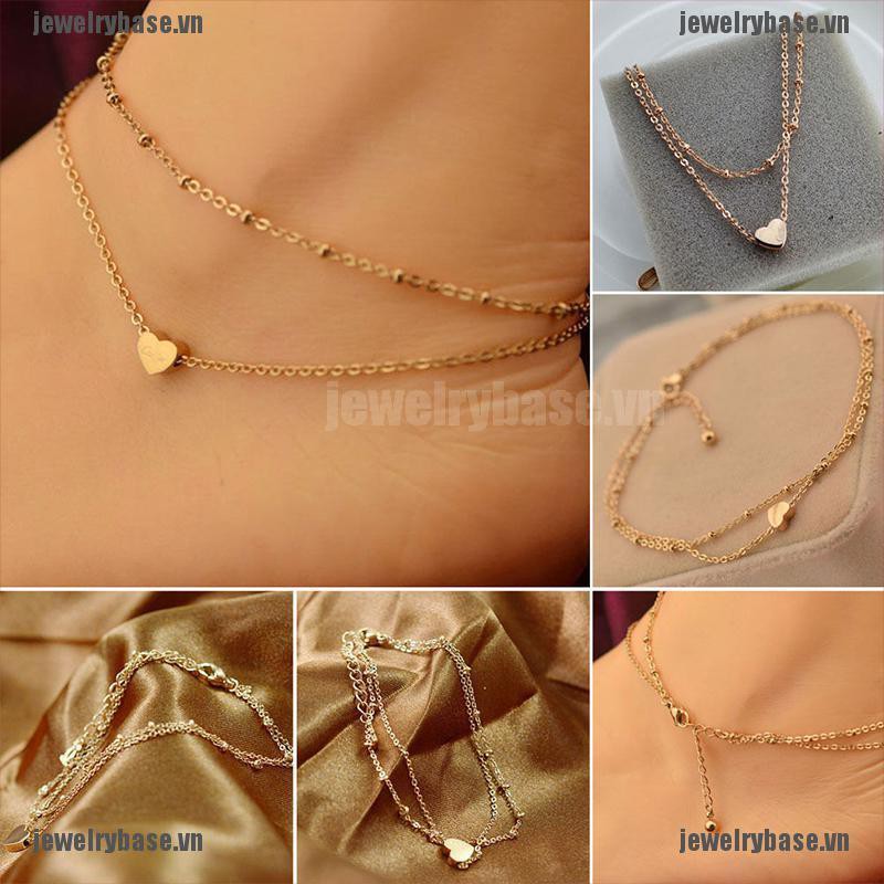 [Base] Sexy Gold Tone Love Heart Ankle Bracelet Double Layer Chain Foot Anklet [VN]