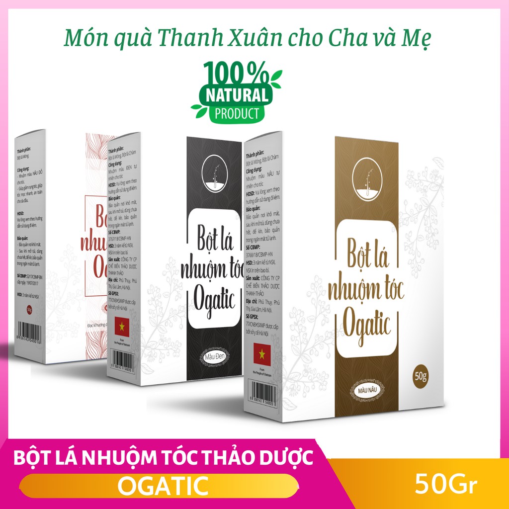 Nhuộm Tóc Thảo Dược Ogatic - Bột lá Nhuộm phủ bạc tóc màu Nâu Đen, Đen tự nhiên, nâu đỏ - 50Gr