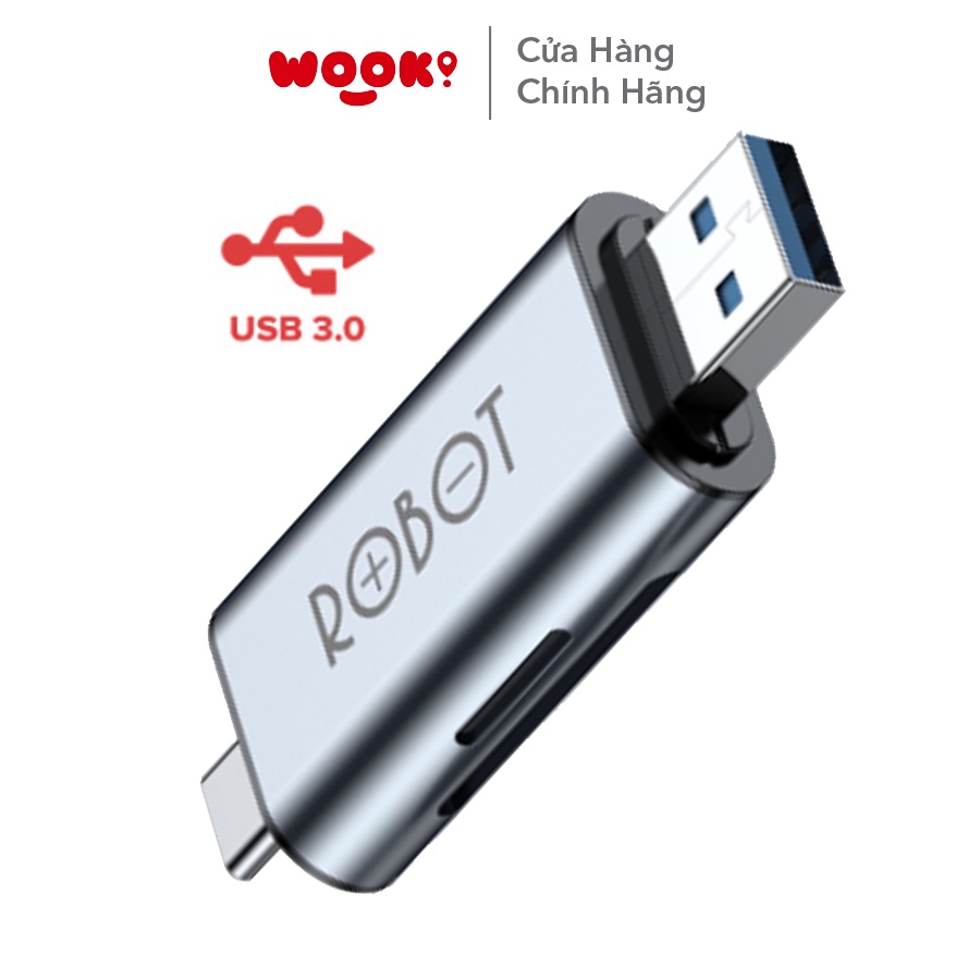 Thiết Bị Đọc Thẻ Nhớ SD MicroSD ROBOT CR202 - 2 Đầu Type-C Và USB 3.0 Hàng Chính Hãng Bảo Hành 12 Tháng 1 Đổi 1