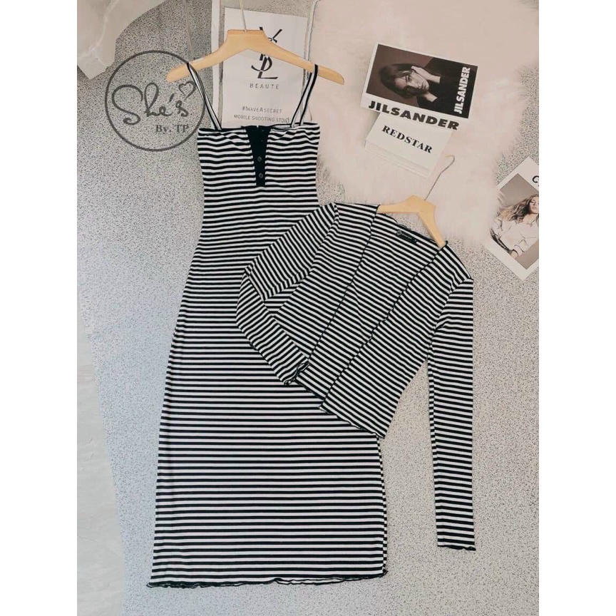 sét đầm gân sọc kẻ 2 dây kèm áo khoác ngoài