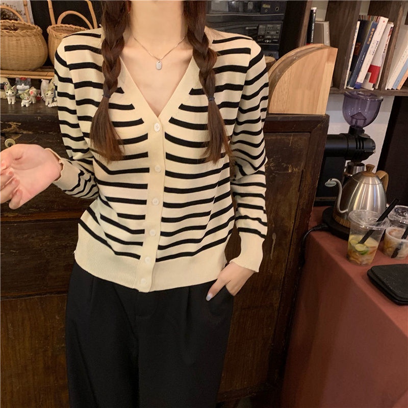 Áo Khoác Cardigan Dệt Kim Cổ Chữ V Dáng Rộng Kẻ Sọc Thời Trang Mùa Thu Dành Cho Nữ