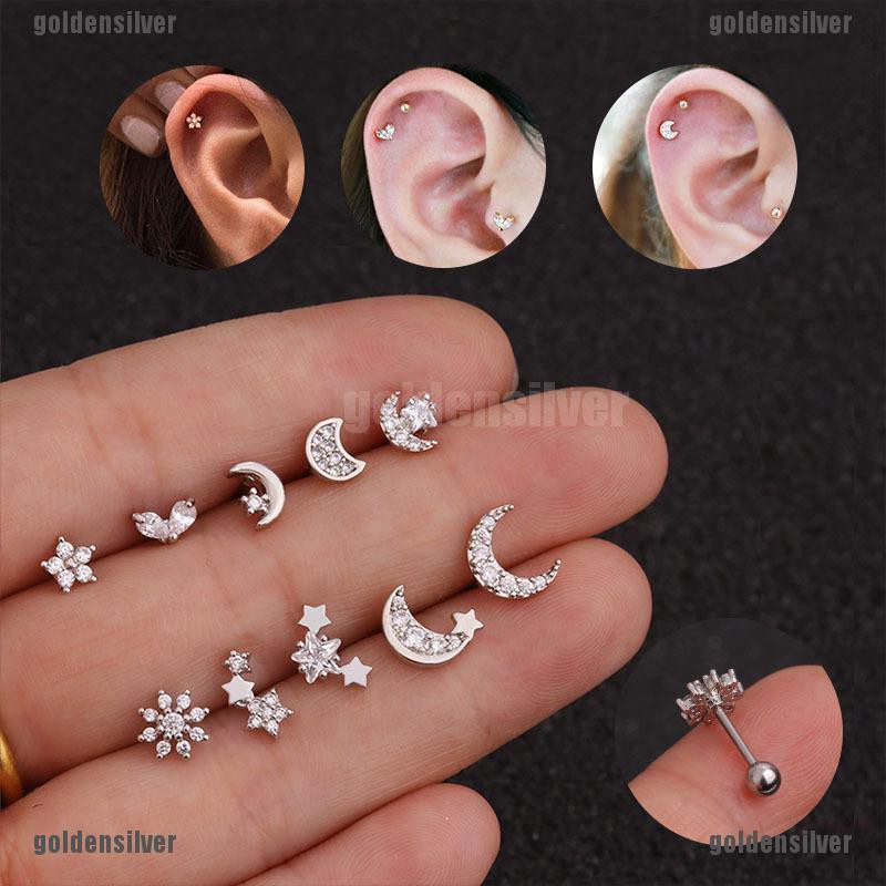 [Vàng] Khuyên Xỏ Sụn Tai Helix Mặt Trời Mặt Trăng Pha Lê
