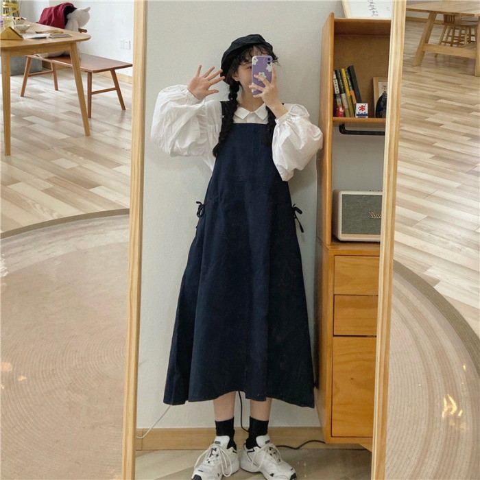 Set váy yếm phối áo sơm mi cổ bèo ulzzang lolita cực xinh ảnh thật cuối