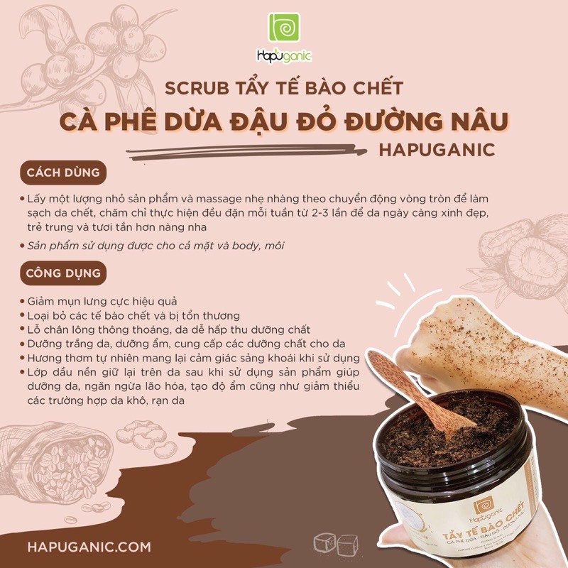 BODY SCRUB - TẨY TẾ BÀO CHẾT CAFE ĐẬU ĐỎ ĐƯỜNG NÂU HAPUGANIC HANDMADE 300Gr