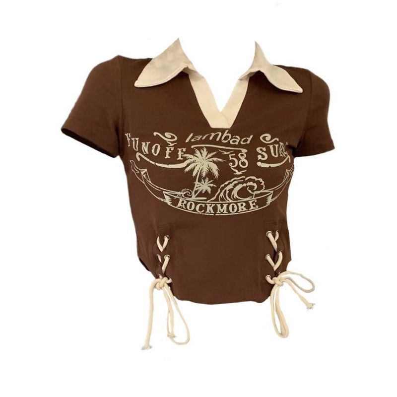 Áo Thun Cổ polo Tay Ngắn Dáng Ôm Cột Dây Màu Sắc Tương Phản Phong Cách Retro Mỹ Size Lớn Dành Cho Bạn Nữ Trong 15 Ngày