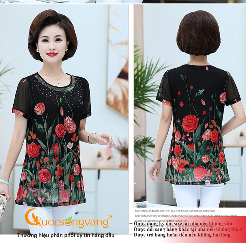 Áo kiểu trung niên big size in hoa áo nữ dáng dài đính cườm Queenbe GLA258 Cuocsongvang