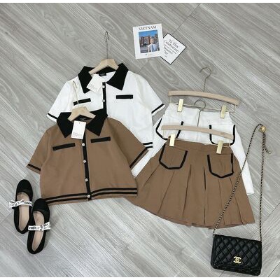 Sét bộ viền cổ bẻ chân váy li xoè 2 túi