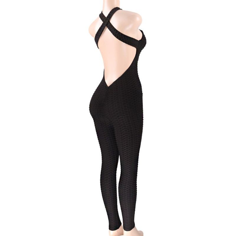 YOUYO Womens Sexy Hollow Out Halter Backless Bodysuit Ruched Butt Lift Yoga Jumpsuit Sleeveless Sport Cross Bandage Playsuit Leggings