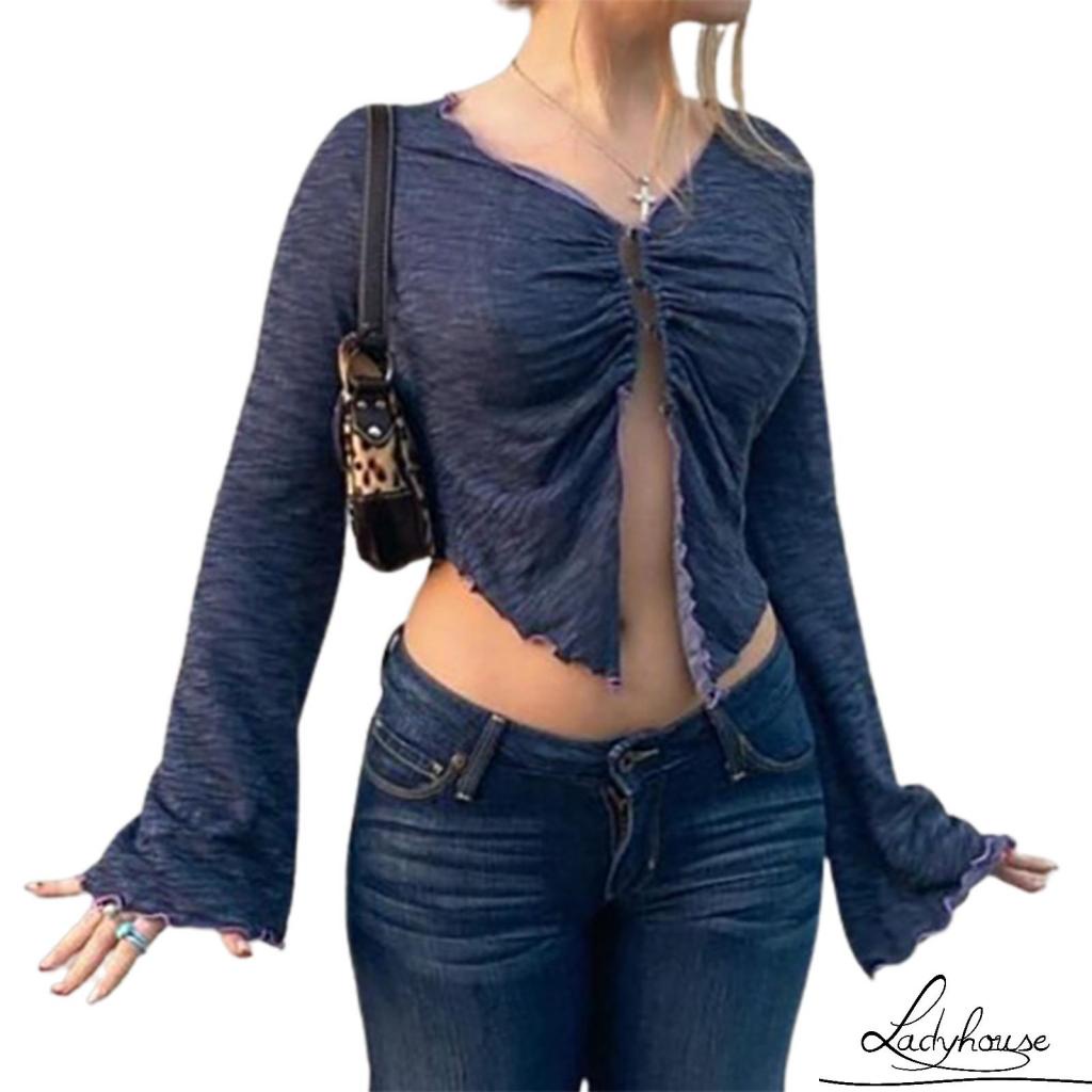 Áo Croptop Tay Dài Cổ Chữ V Có Khóa Cài Trước Gợi Cảm Cho Nữ