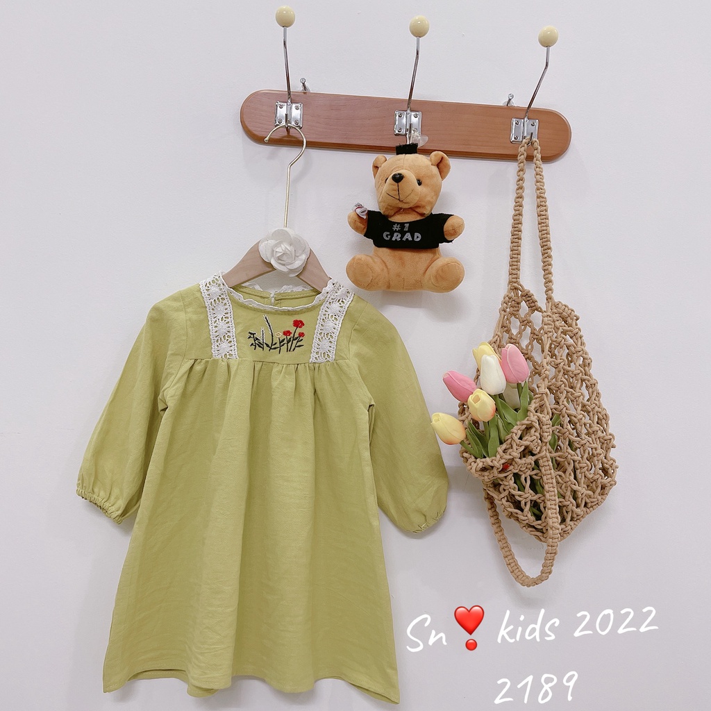 Đầm babydoll cho bé gái, váy babydoll vải đũi cara cổ thêu hoa xịn xò cho bé