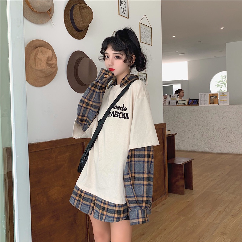 ZHELIHANGFEI Áo Thun POLO Dài Tay Giả Hai Lớp Phong Cách Retro Dễ Phối Đồ