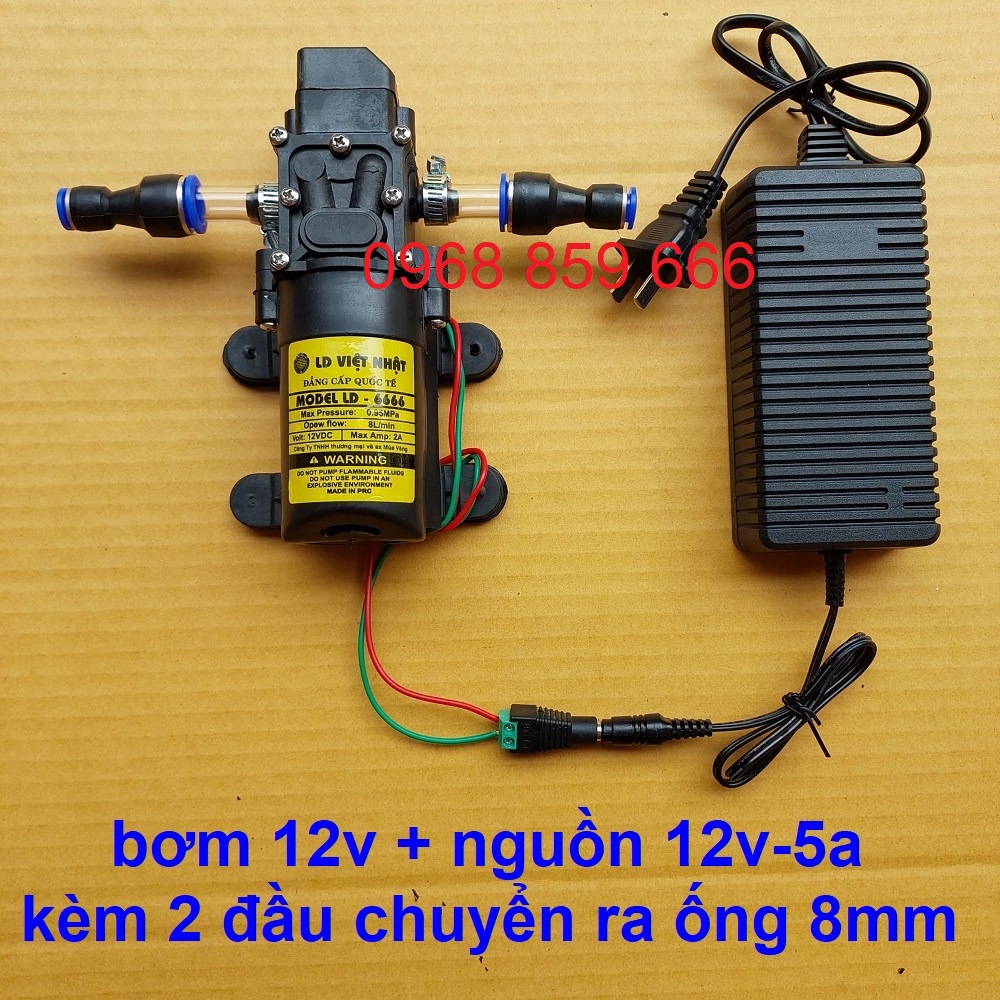 Máy bơm nước mini 12V áp lực cao + nguồn 12v-5A + 2 đầu chuyển ra ống 8mm