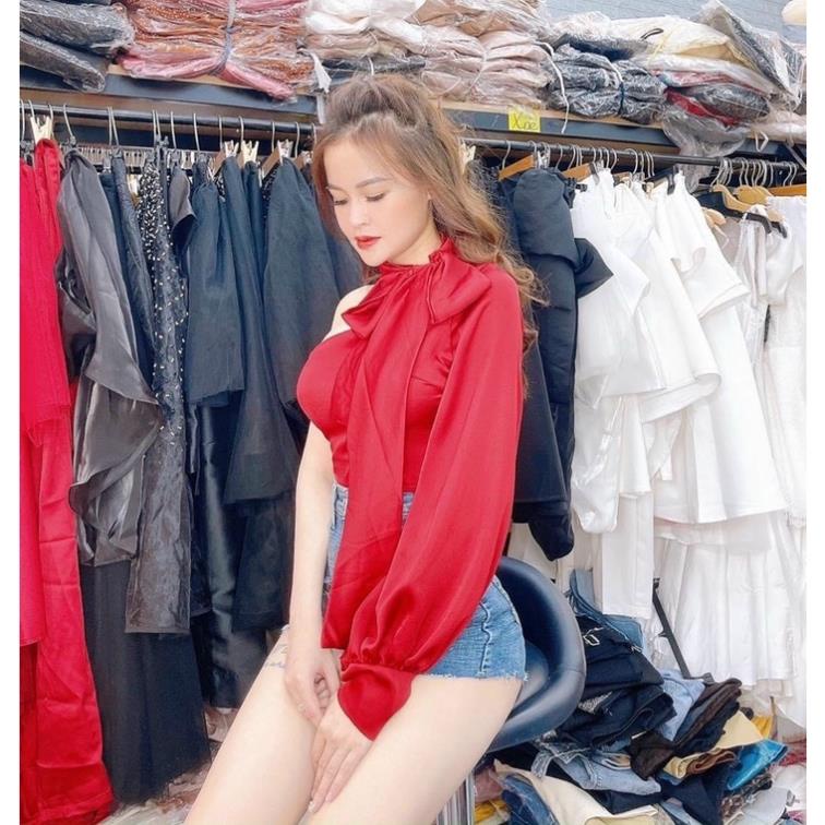 Áo Lệch Vai Tay Dài Phồng Phi Lụa Kèm Chocker Siêu Sang DRATD03