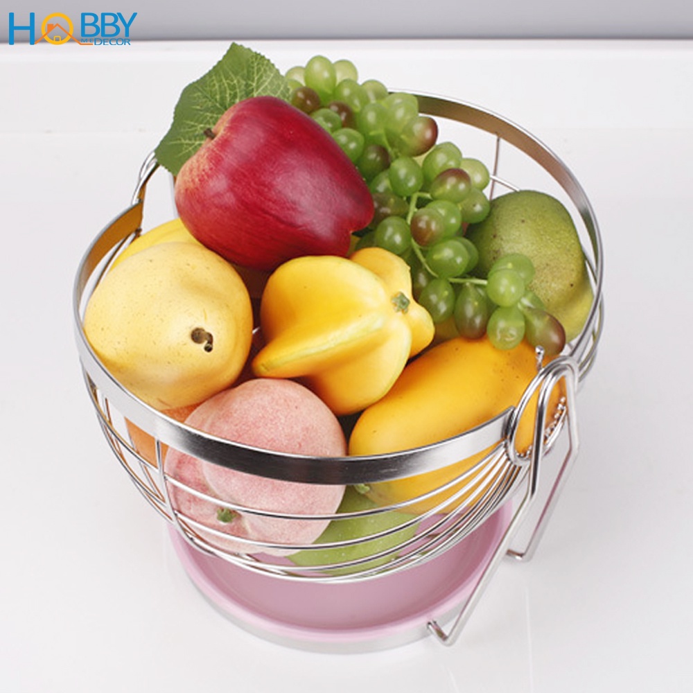 Rổ đựng trái cây decor bàn ăn Hobby Home Decor RTC chuẩn Inox 304 không rỉ sét kèm khay nhựa hứng nước có thể xoay được