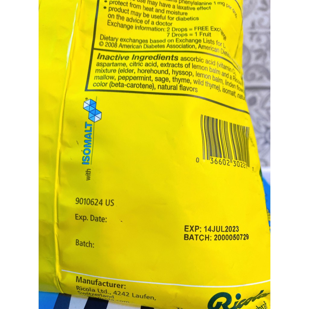 Kẹo ngậm ho không đường Ricola Lemon Mint Sugar Free 105 viên