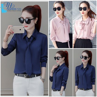 Áo Sơ Mi Nữ Áo Sơ Mi Cao Cấp Tay Dài Phối Dây Nơ Rời TH021