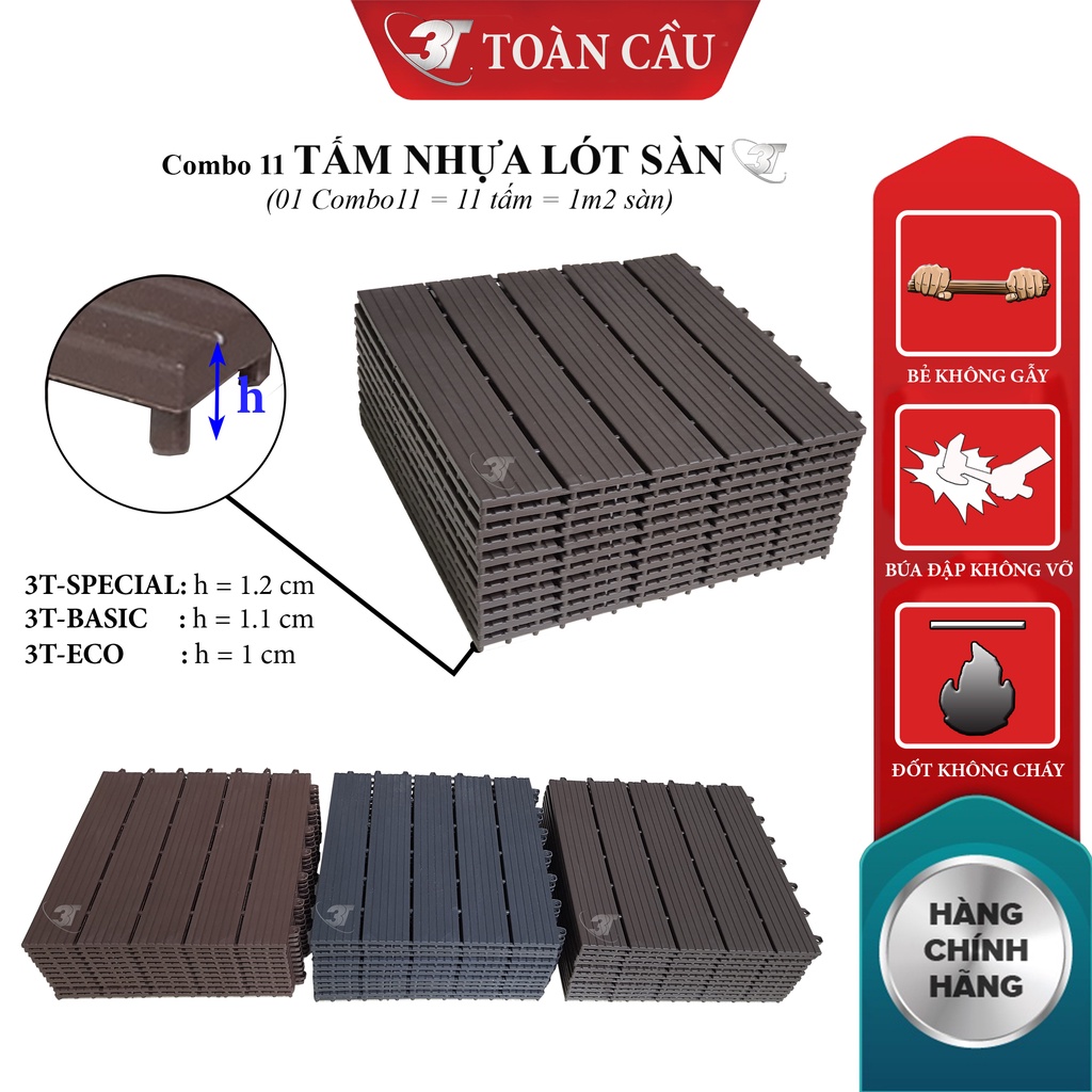 COMBO 11 Vỉ Nhựa Lót Sàn 3T-Basic KT 30x30x1.1cm- Tấm lót sàn ban công, chống trơn nhà tắm, bể bơi, sân vườn. Hàng VNXK