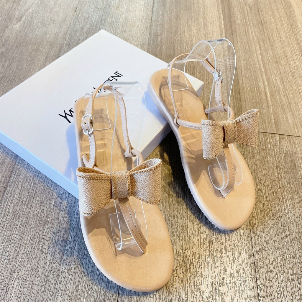 Sandal bệt đế bằng quai T xỏ ngón nơ vải Siêu xinh