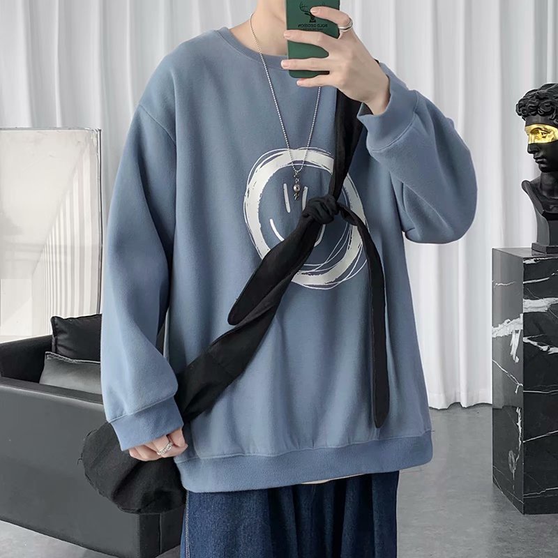 Áo sweater tay dài dáng rộng cổ tròn hình mặt cười thời trang thu đông trẻ trung cho nam