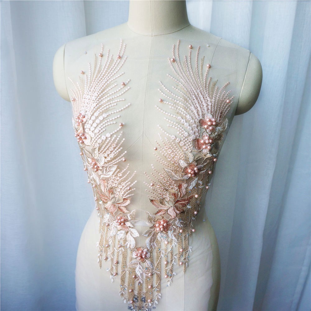 Mai Màu Hồng Thêu Ren Đính May Hạt Vải Hoa Cổ Miếng Dán Váy Cưới DIY